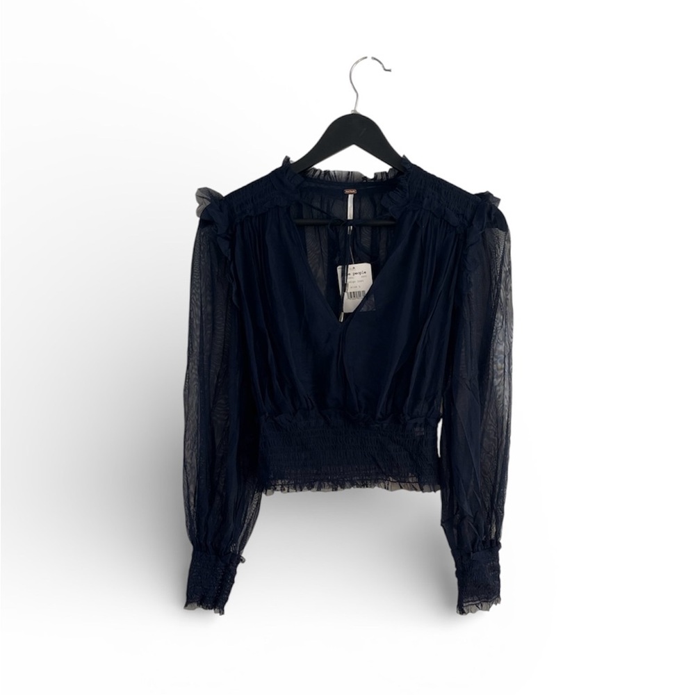 NWT Free People Navy Sheer Long-Sleeve Smocked Blouse